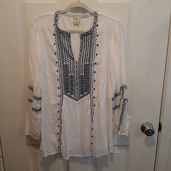 Women's Notch Neck Boho Blouse; Semi-sheer, flowy; Versatile neutral colors - Picture 1 of 7
